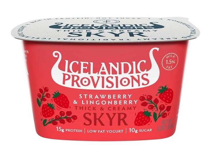 A container of Icelandic Provisions strawberry and lingoberry thick and creamy skyr.