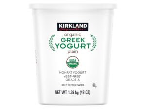 A tub of Kirkland organic Greek yogurt.