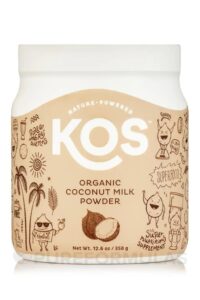 A tub of kos organic coconut milk powder.