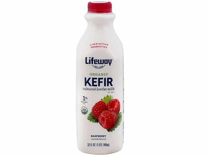 A bottle of Lifeway organic Kefir cultured lowfat milk raspberry falvor.