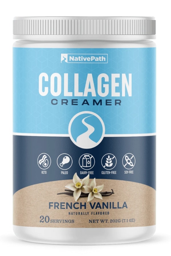 A tub of native path collagen creamer french vanilla flavor.