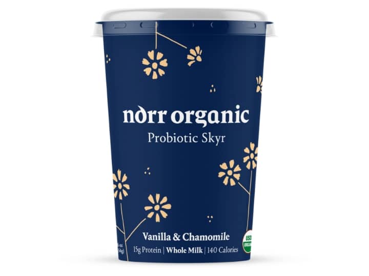 A tub of norr organic probiotic skyr vanilla and chamomile flavor.