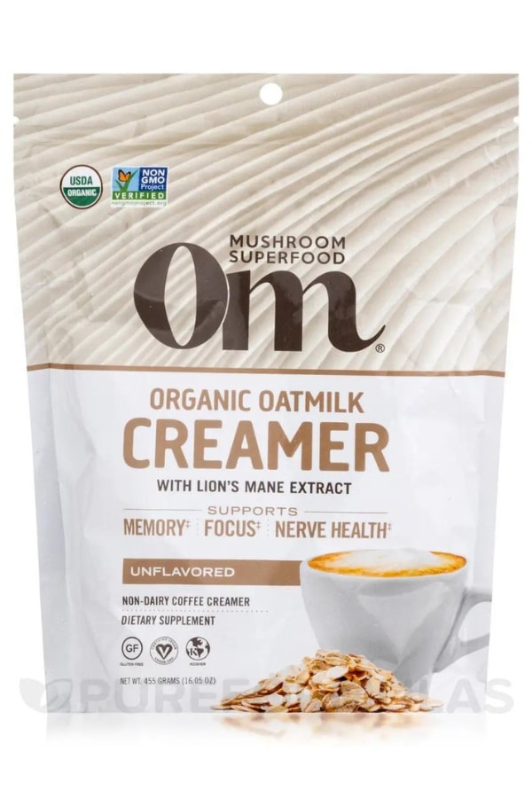 A bag of om mushroom superfood organic oatmilk creamer.