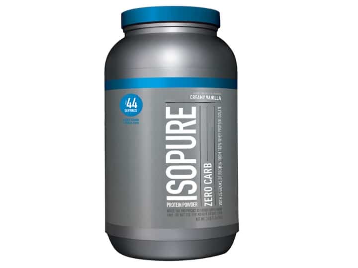 A bottle of isoppure creamy vanilla protein powder,