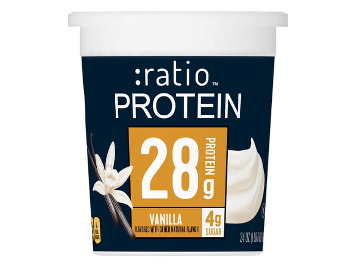 A tub of :ratio protein vanilla yogurt.