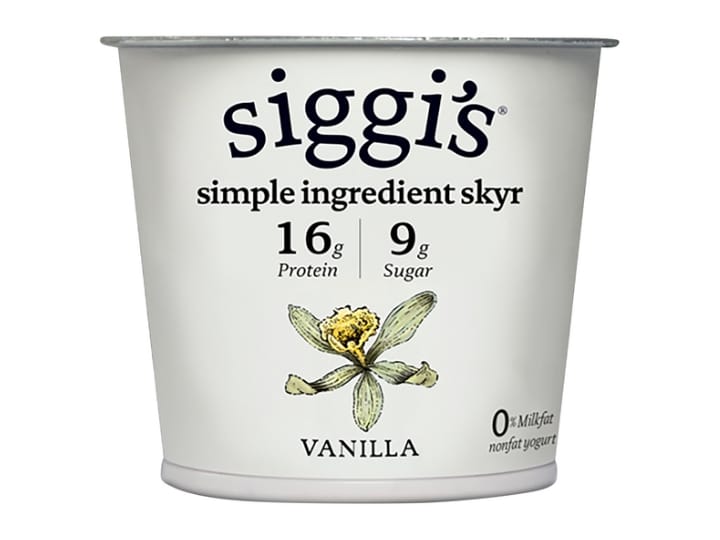 A container of Siggi's simple ingredient skyr vanilla flavor.