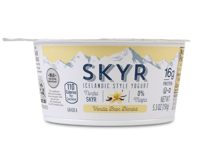 A container of Skyr icelandic style yogurt vanilla bean blended.