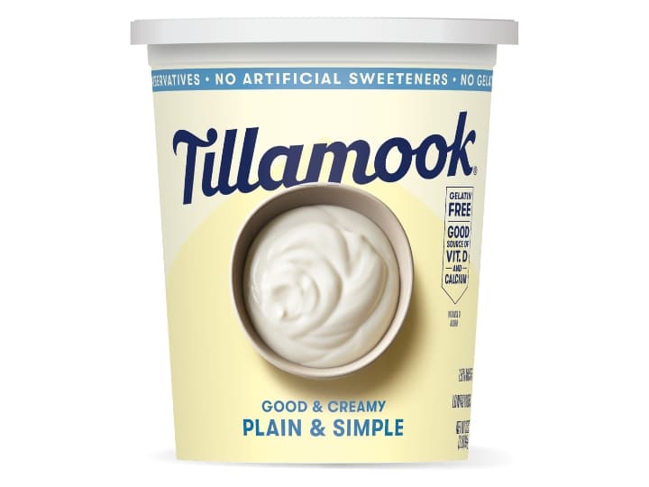 A tub of Tillamook good and creamy plain and simple yogurt.