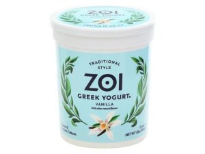 A tub of Zoi traditional style vanilla Greek yogurt.