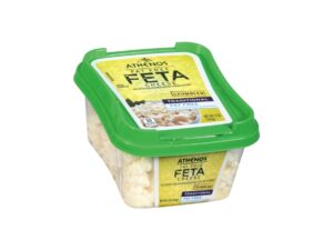 A container of Athenos fat free feta cheese.