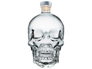 A skull glass bottle of crystal head vodka.