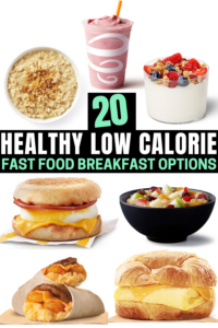 A compilation of seven healthy fast food breakfast options.