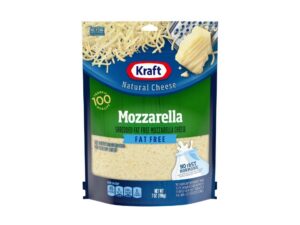 A bag of Kraft fat free mozzarella cheese.