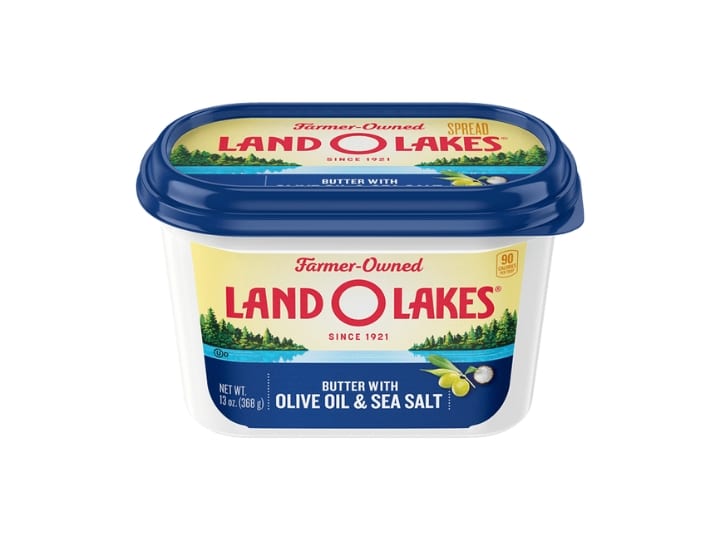 A tub of Land O Lakes butter with olive oil and sea salt.