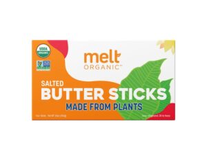 A container of Melt organic salted butter sticks made from plants.