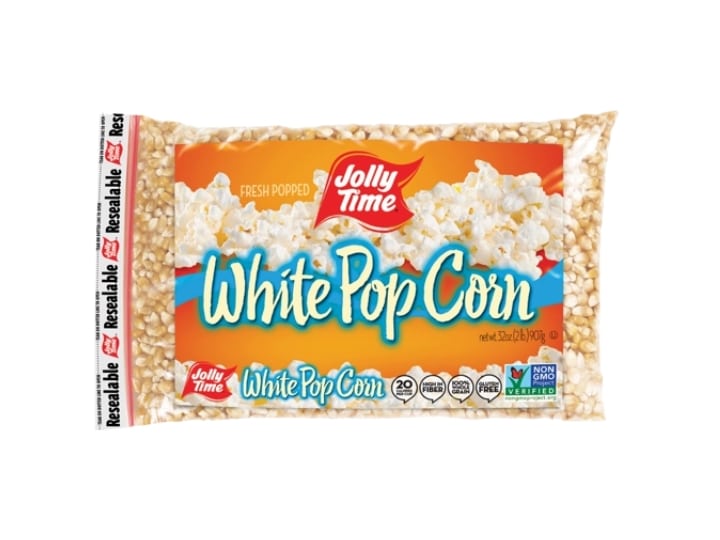 A bag of white popcorn kernels. 