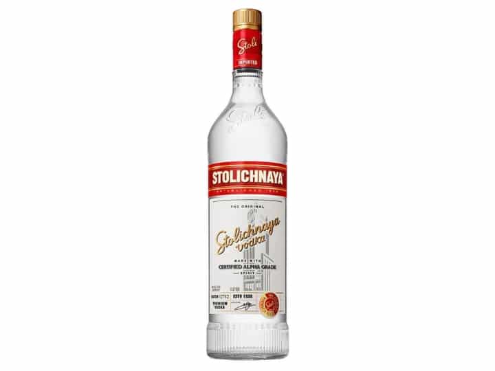 A bottle of Stolichnaya vodka.