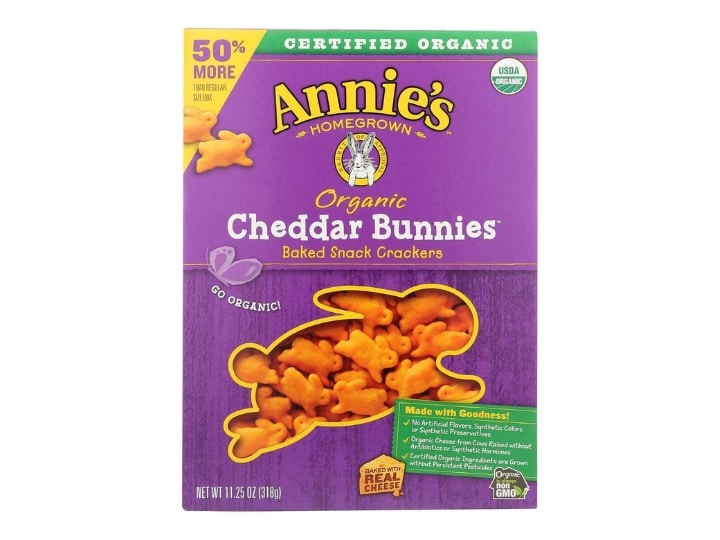 A box of Annie's cheddar bunnies baked snack crackers.
