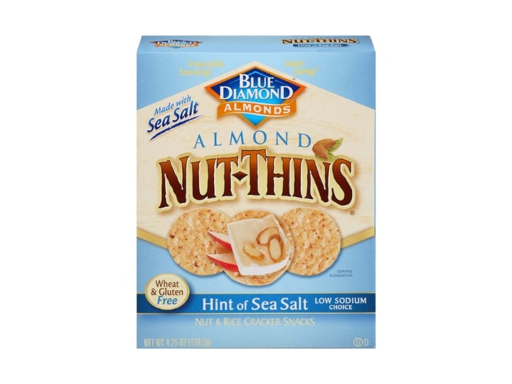 A box of Blue Diamond almond nut thins hint of sea salt.
