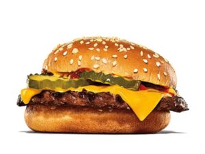 A burger king cheeseburger with pickles, ketchup, and mustard.