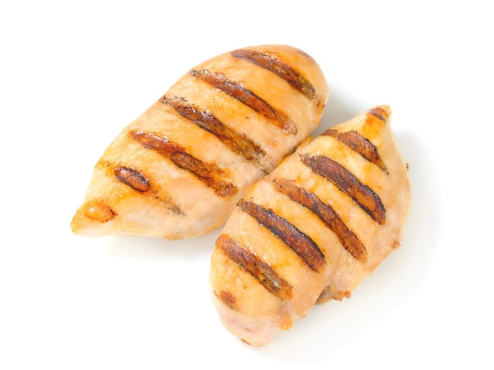 Two grilled chicken breasts.