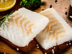 Two grilled cod fillets.
