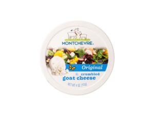 A container of Montchevre original crumbled goat cheese.