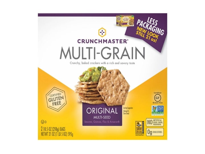 A box of crunchmaster multi-grain original multi-seed crackers.