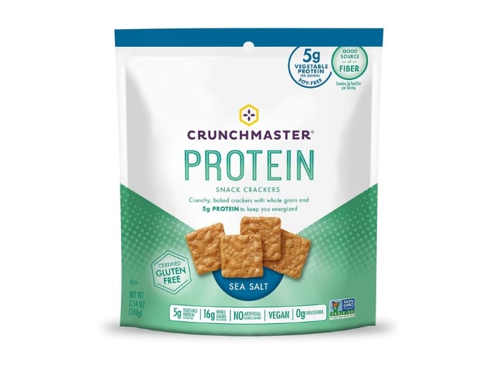 A bag of crunchmaster protein snack crackers.
