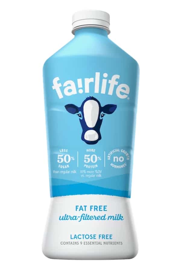 A container of fairlife fat free milk.