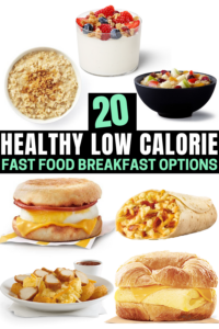 A compilation of seven different healthy breakfast fast food options.