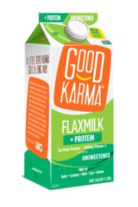 A carton of Good Karma Unsweetened Flaxmilk.