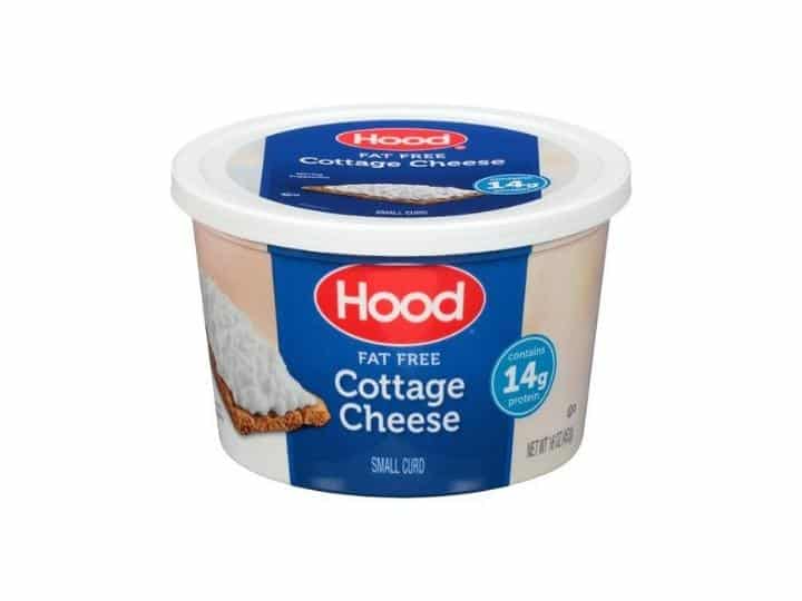 A container of Hood fat free cottage cheese.