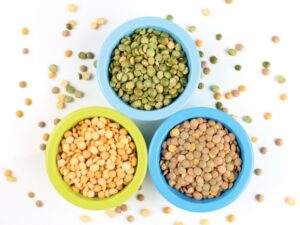 Three bowls of lentils.