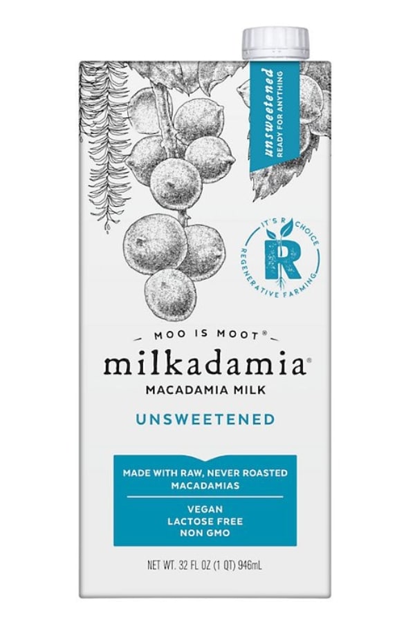 A square carton of moo is moot milkadamia unsweetened macadamia milk.