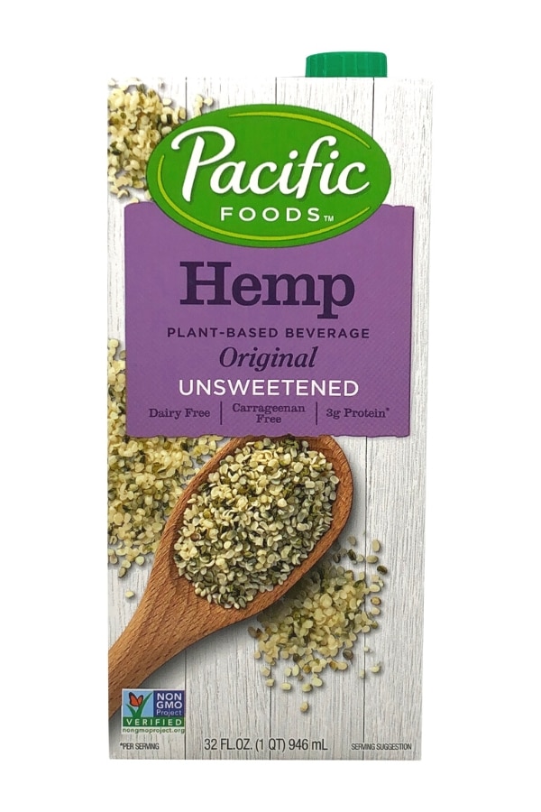 A square carton Pacific Foods hemp original unsweetened milk.