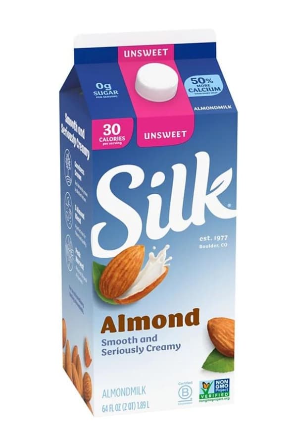 A carton of Silk unsweetened almond milk.