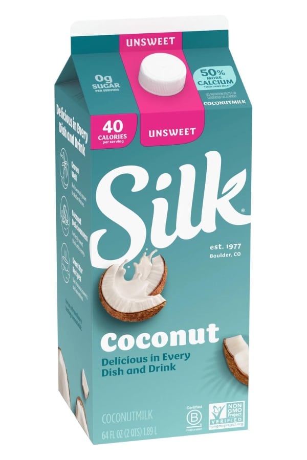 A carton of Silk Unsweetened coconut milk.