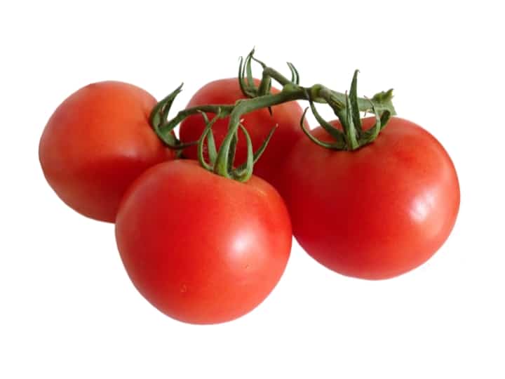 Four tomatoes on a vine.