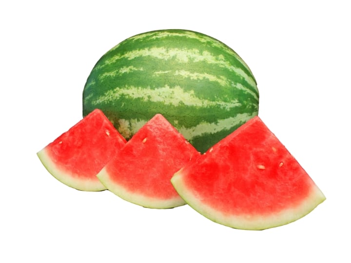 Three watermelon slices in front of a whole watermelon.