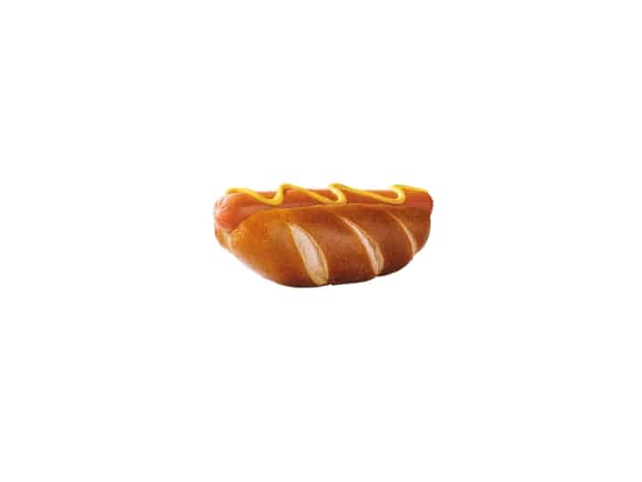 A hot dog in a pretzel bun.