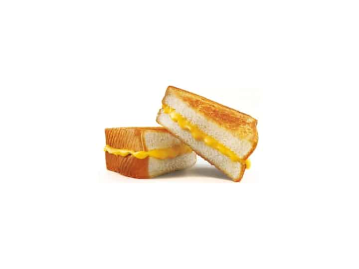 A grilled cheese sandwich cut in half.