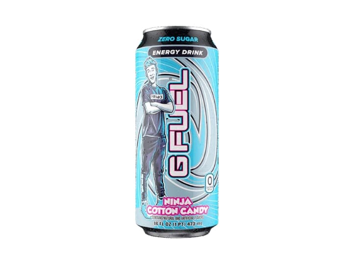 A can of G fuel ninja cotton candy flavor energy drink.