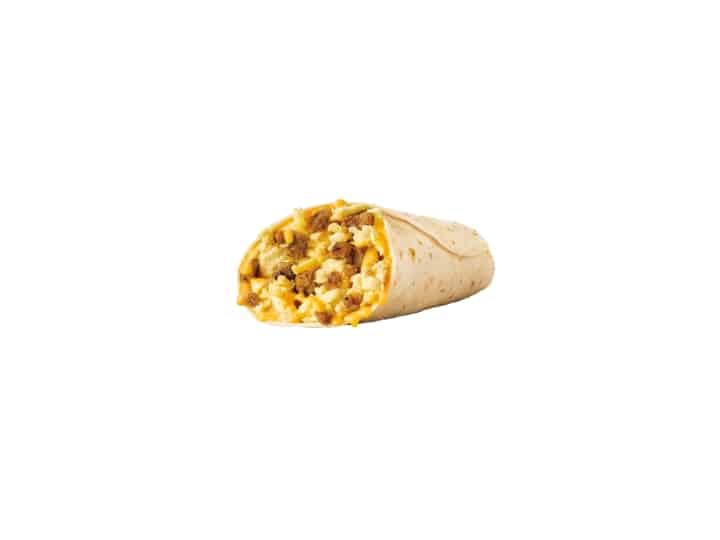 A sonic jr sausage burrito with eggs, cheese, and sausage.