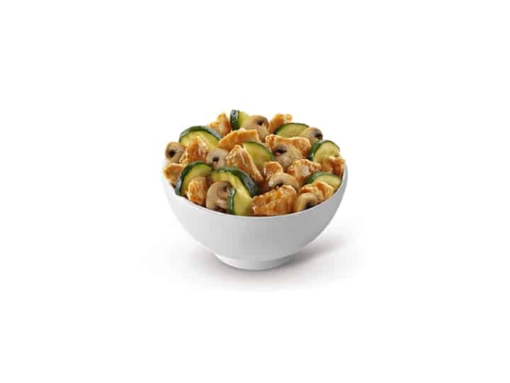 A bowl of panda express mushroom chicken.