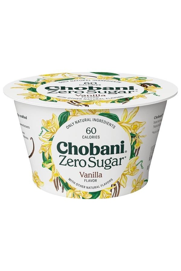 A container of Chobani zero sugar vanilla yogurt.