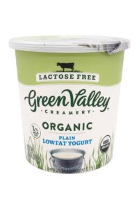 A container of Green Valley creamery organic plain lowfar yogurt.