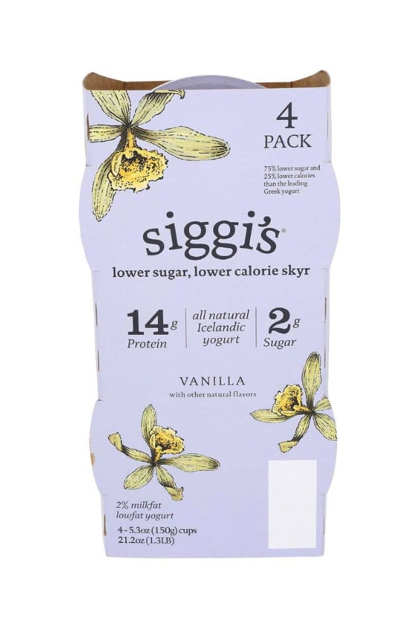 A four pack of Siggi's Lower Sugar, Lower Calorie Skyr.