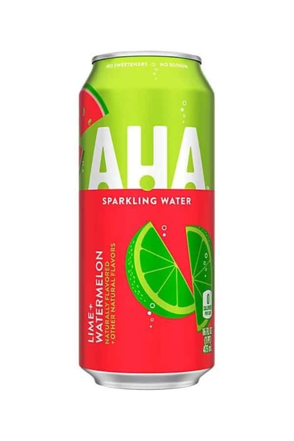 A can of Aha sparkling water lime and watermelon flavor.