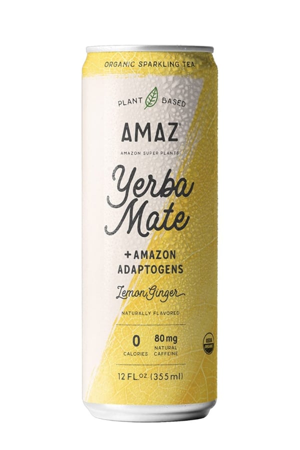 A can of Amaz yerba mate lemon ginger flavor.